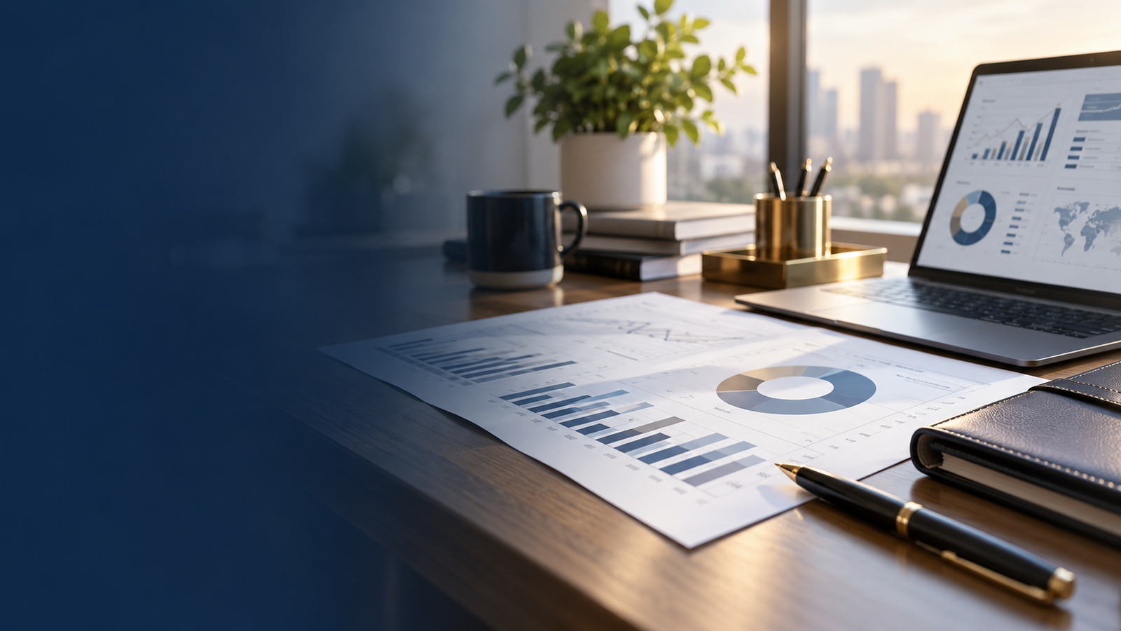 Professional financial workspace with financial reports, charts, laptop, and planning materials.