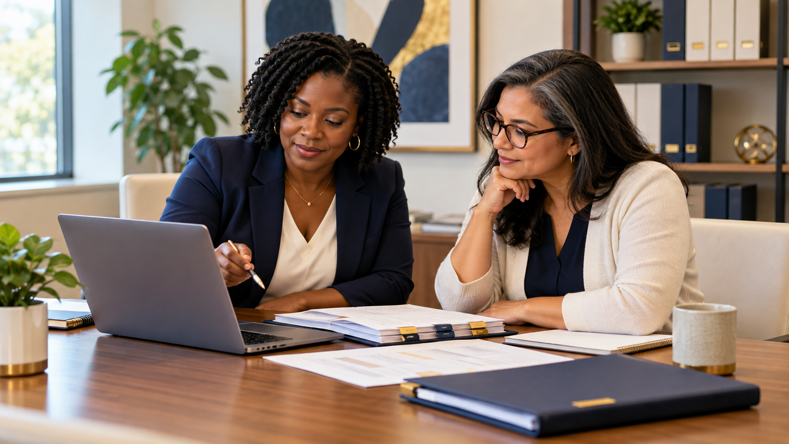 Financial advisor and organizational leader reviewing organized financial records before an audit.