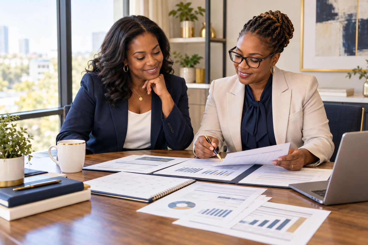 Business owner and financial professional reviewing organized tax and payroll filing information together.