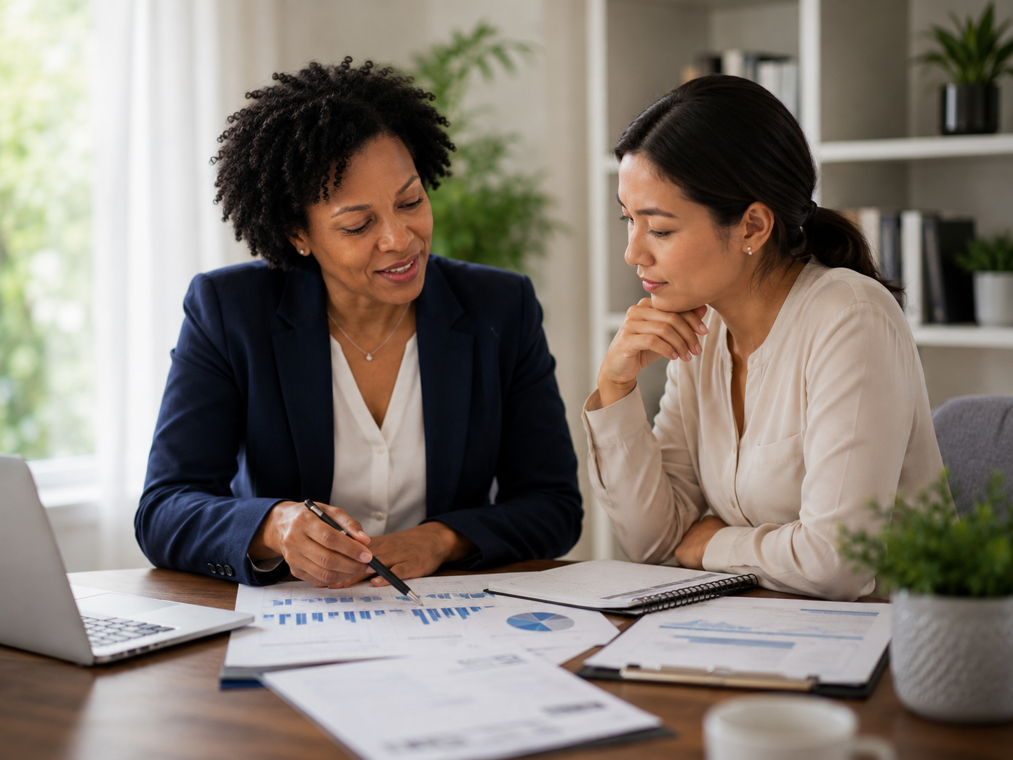 Financial advisor reviewing financial information with an organizational leader
