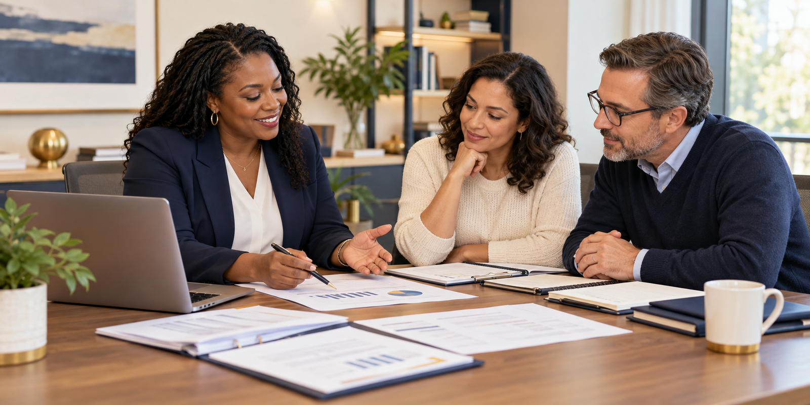 Nonprofit advisor helping organizational leaders review financial and program information for Form 990 preparation.