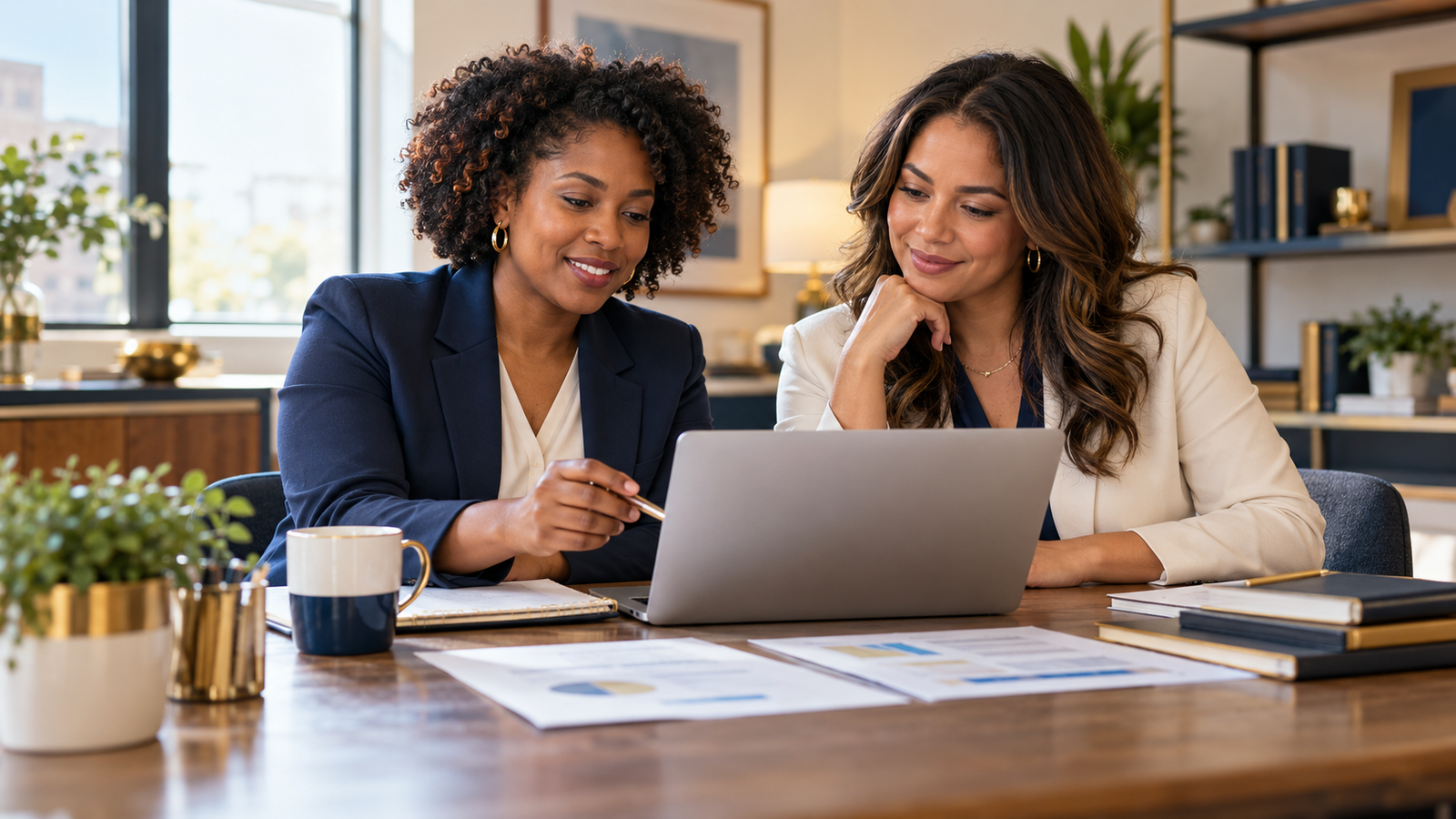 Two professionals reviewing grant financial information together.