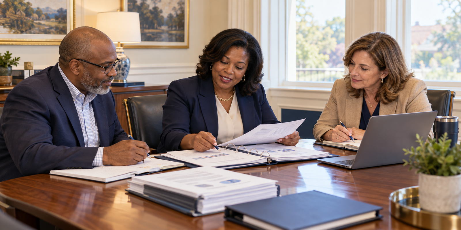 Financial advisor and Mississippi municipal officials reviewing organized financial records for an annual compilation.