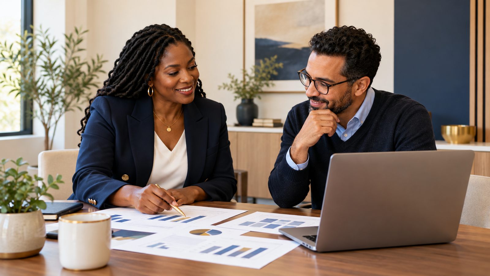 Financial professional and organizational leader reviewing financial information together