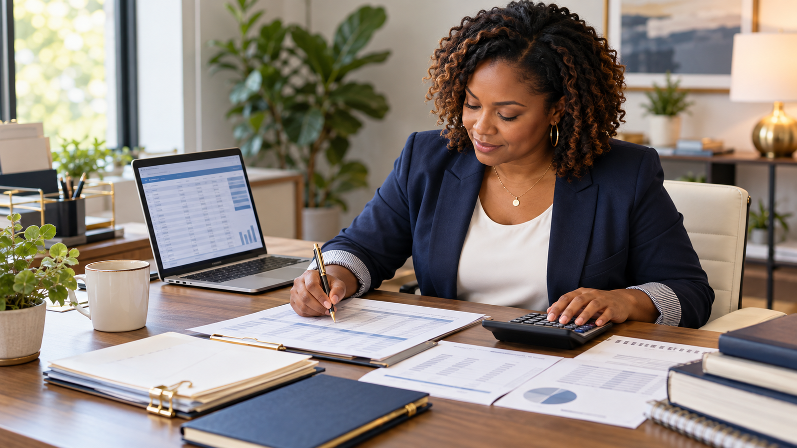Financial professional carefully reconciling and correcting QuickBooks records using supporting financial documents.
