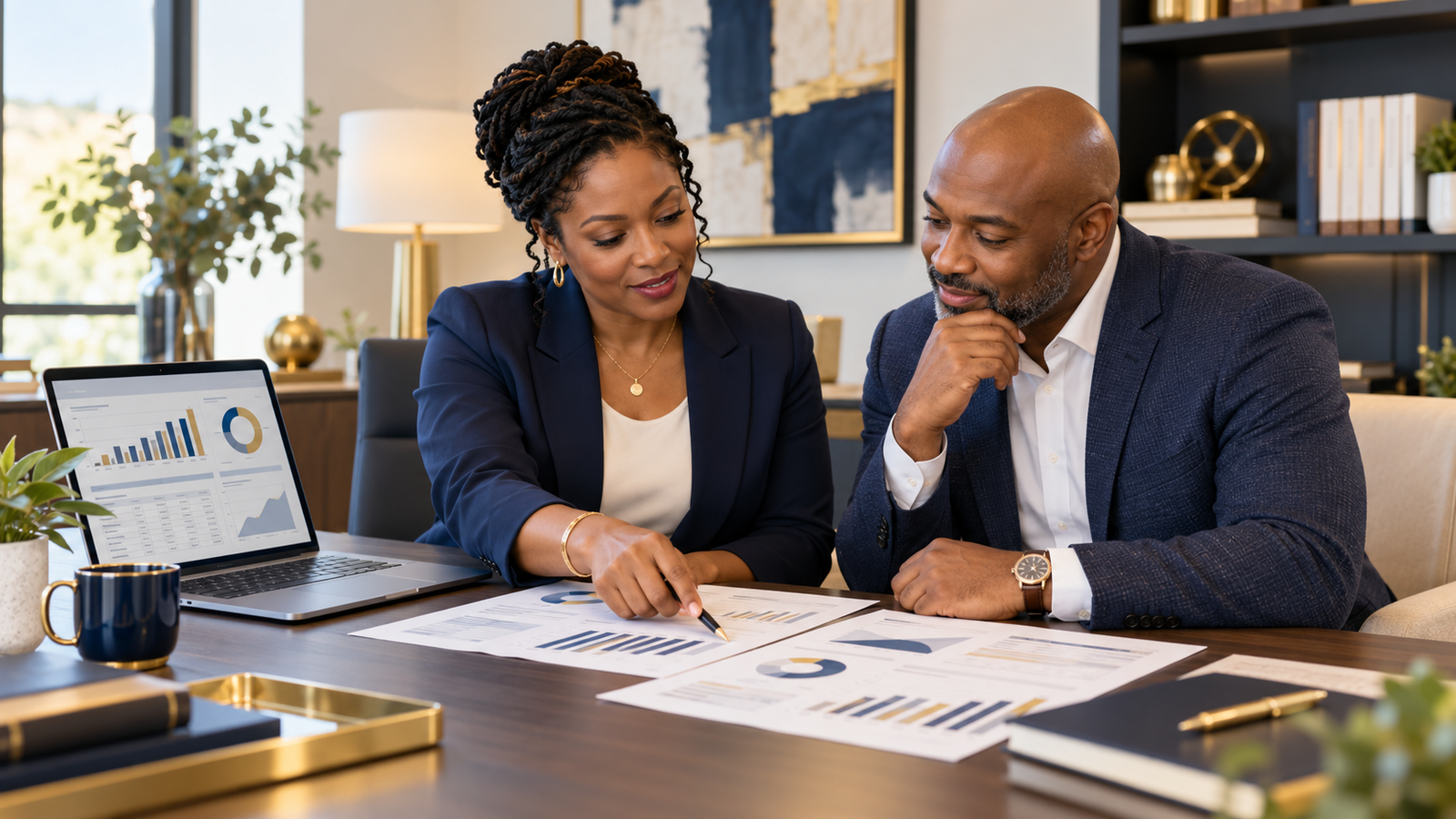 Financial professional and organizational leader reviewing financial reports and QuickBooks information together.