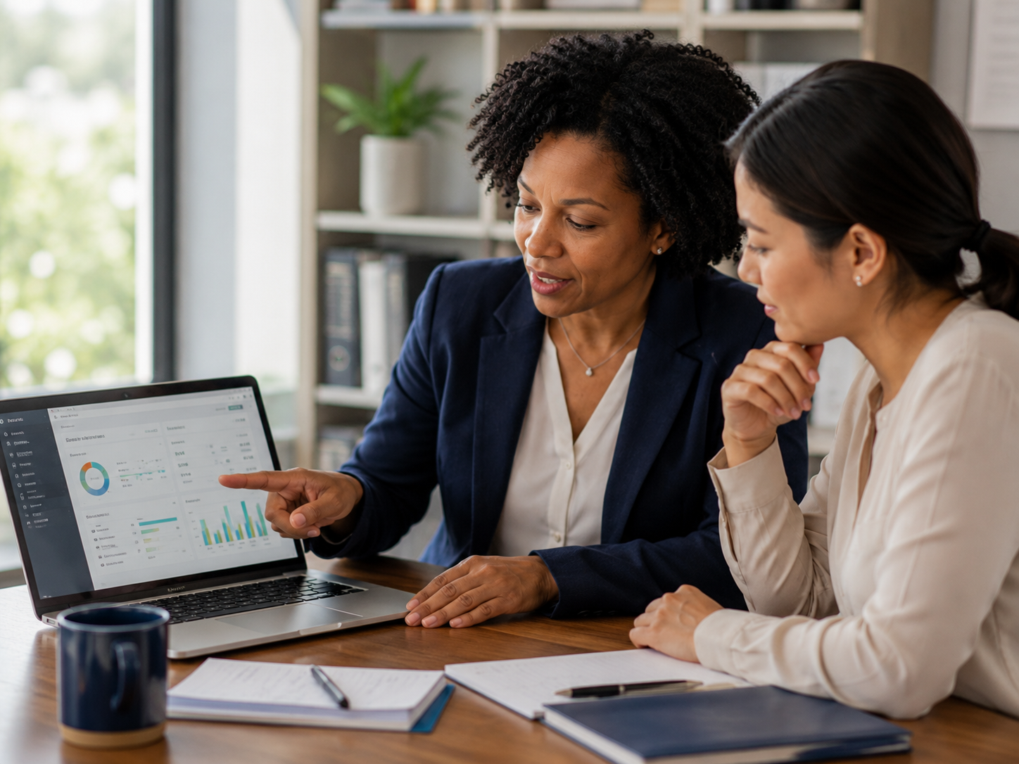 Financial advisor teaching a professional how to understand and use a financial system on a laptop