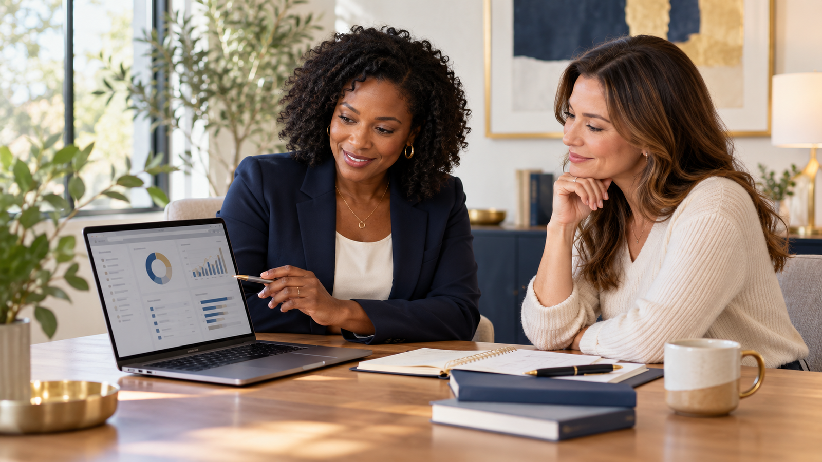 Organizational leader and financial professional designing an organized financial system together.