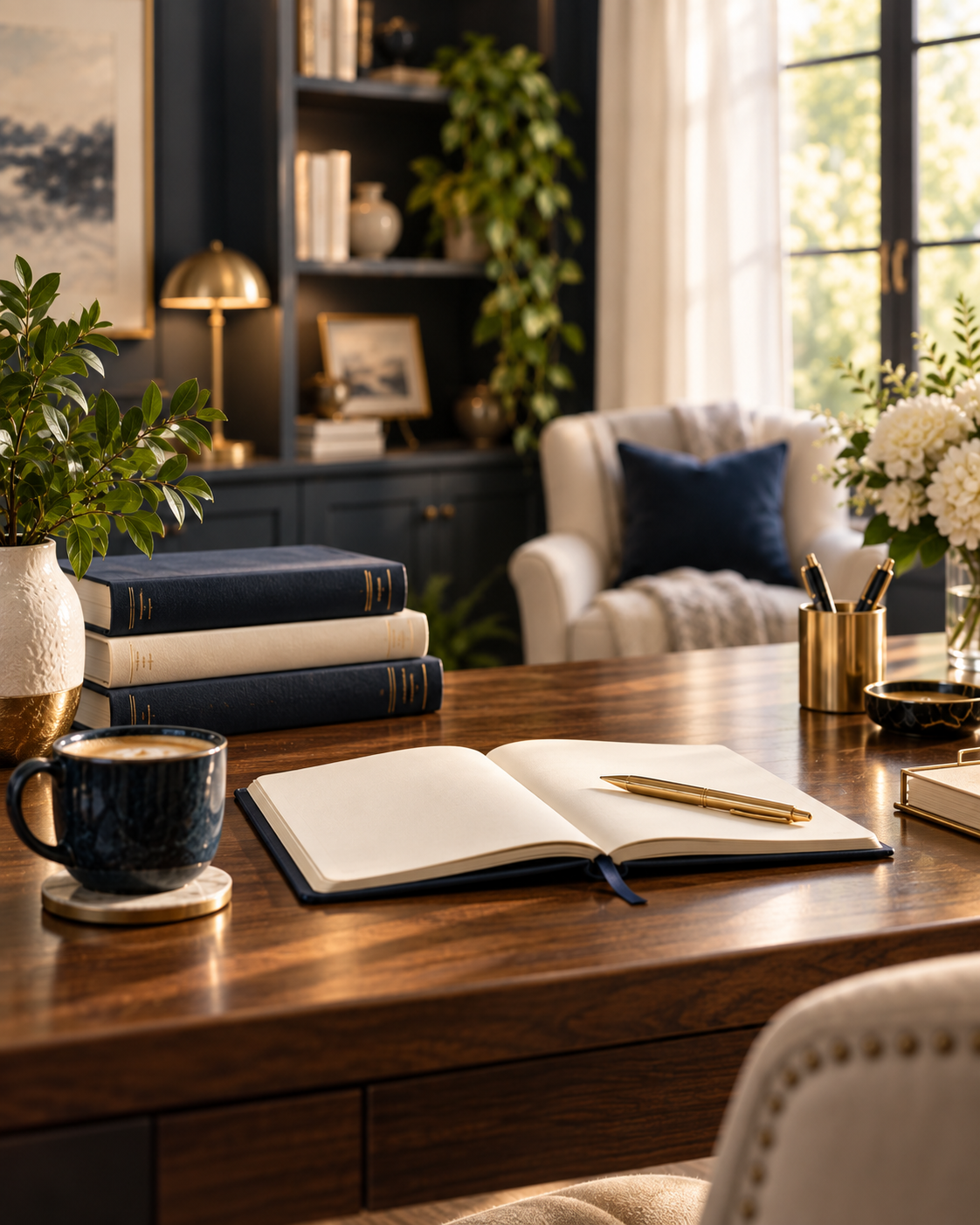 Warm professional learning workspace with stacked books, an open notebook, and a gold pen.
