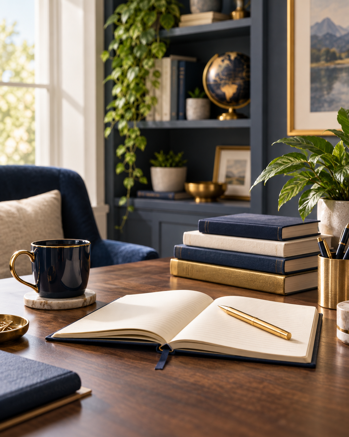 Elegant learning workspace with navy and cream books, an open notebook, and a gold pen.
