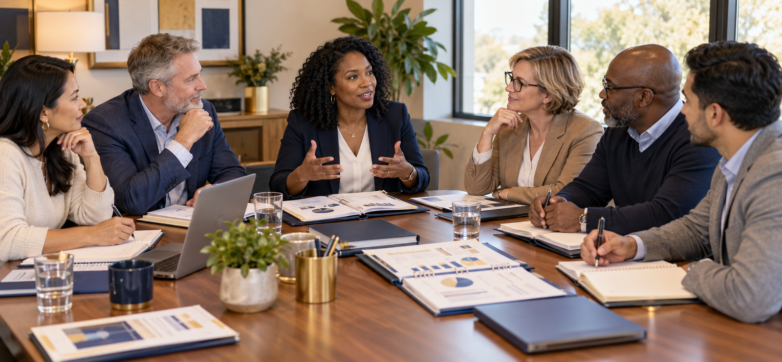 Board members participating in a guided governance and board-development discussion with practical organizational and financial materials.