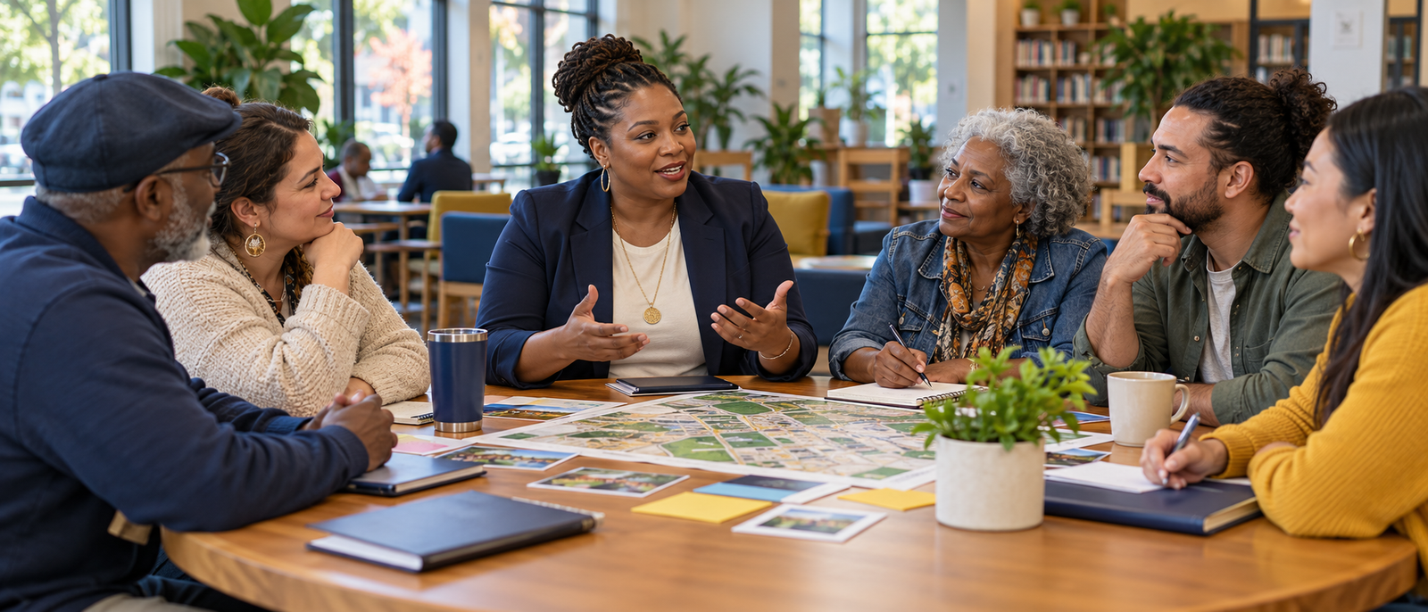 A diverse group of community members participating in a welcoming planning conversation led by an organizational representative.