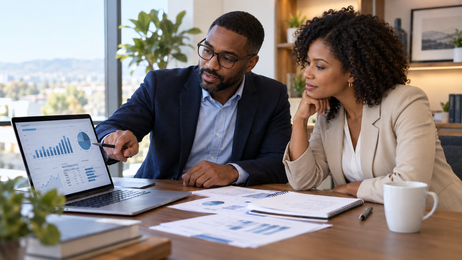 Two professionals reviewing financial information during a QuickBooks migration planning session.
